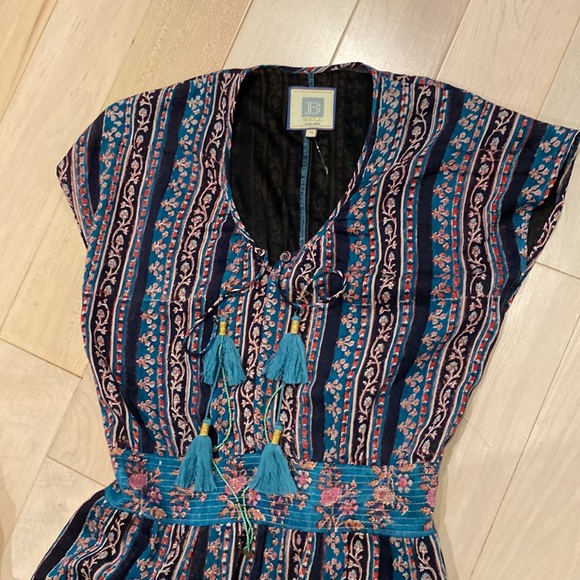 BELL by Alicia soft silk cotton tiered teal pink floral dress M - Picture 12 of 16